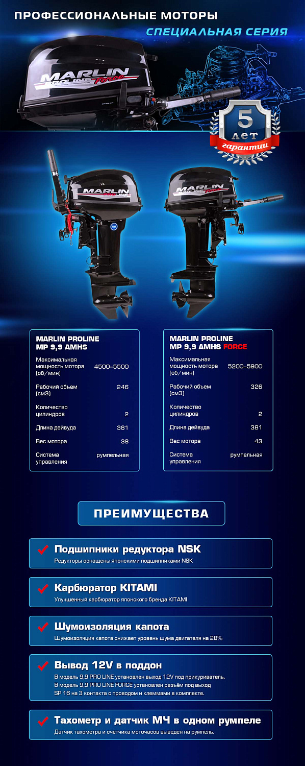 Лодочный мотор MARLIN PROLINE MP 9.9 (20) AMHS FORCE в Кисловодске